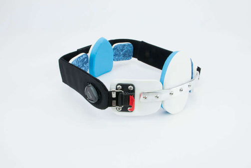 Pectus brace male with white panels and blue foam. Front view