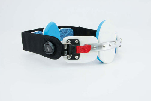 Pectus brace male with white panels and blue foam. Close up