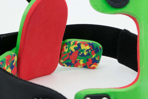 Pectus brace female with green panels and red foam. Close inner view