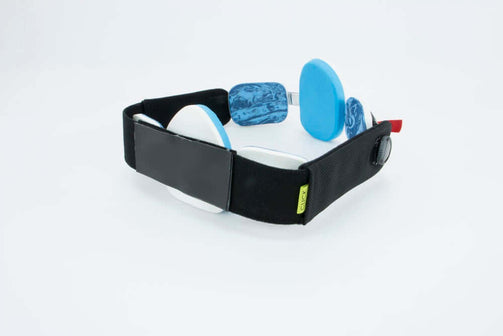 Pectus brace male with white panels and blue foam. Back view